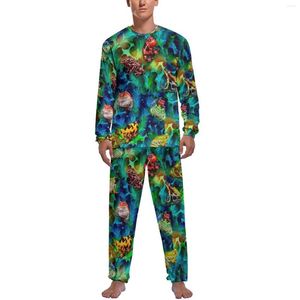 Erkekler pijama renkli kurbağa sanat pijamaları adam suluboya hayvan baskı sıcak günlük uzun kollu 2 adet estetik grafik seti