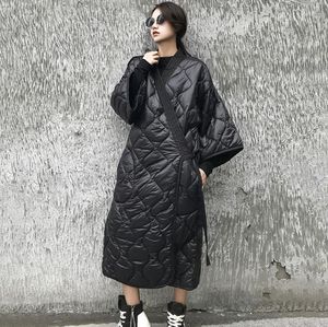 Kadın Aşağı Parkas Koyu Siyah Kış Japon Kimono Bandaj Robe Gevşek Uzun Pamuk Kapitone Ceket Sıcak Ceket LM88 221205