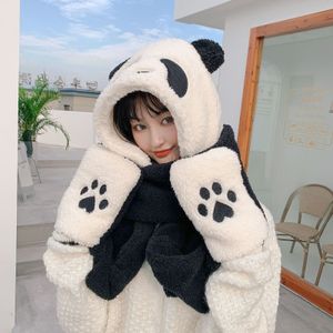 Eşarp Beanieskull Caps Tatlı Çizgi Panda Hat Sevimli Kış Rüzgar Geçirmez Eşarp ve Eldivenler Mitten Beanies ile Kalın Hoodies Set 221205