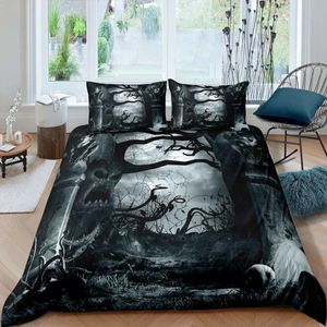 Yatak Seti Cadılar Bayramı Ağacı Seti Kraliçe Kral Korku Temalı Kapak Gotik Spooky Polyester Nevresim Şubeleri Gri yorgan 221205