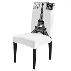 Fodere per sedie Torre Eiffel Timbro vintage retrò Nero Bianco Copertina da pranzo Spandex Sedile elasticizzato Set di custodie per ufficio e scrivania