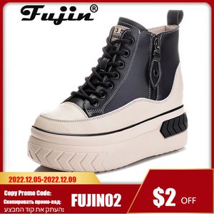 Модельные туфли Fujin, женские высокие кеды из натуральной кожи, ботинки на платформе 8 см, танкетка со скрытым каблуком и молнией, весенне-осенние теплые зимние кроссовки на меху 221207