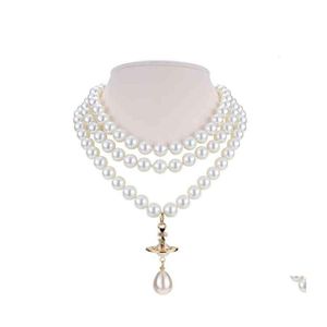 Stränge Saiten Vivi Designer Perlenkette Vw Farbiger Diamant Anhänger Halsketten Dreischichtige Kette Frauen Hip Hop Punk Zubehör Dhftr