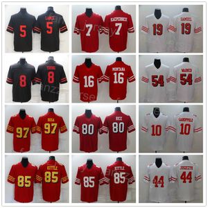 Мужчины футбол 44 Kyle Juszczyk Jerseys 54 Фред Уорнер 80 Джерри Райс 85 Джордж Киттл 97 Ник Боса 42 Ронни Лотт 5 Трей Ланс 7 Колин Каперник Черный белый красный сшит