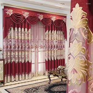 Cortina de estilo europeu de tecido chenille quarto quarto oco oco bordado com altas cortinas de tela de janela de sombreamento vermelho luxo vermelho