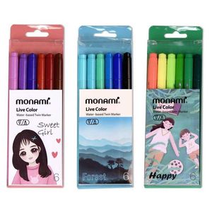 Monami Live Renk 6 PCS Pens Set Su Tabanlı İkiz İşaretçi Çizim için Boya Sanatı Tatlı Hediye Okulu A7313