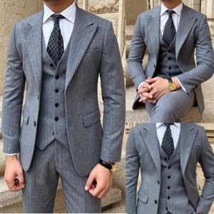 Abiti da uomo Abito da uomo grigio gessato Abito da sposo in misto lana da lavoro Matrimonio Slim Fit Prom