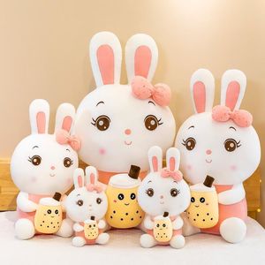 Giocattolo per bambini Giocattoli di peluche Coniglietto con le zampe di Pasqua con tazza di tè al latte Animali di peluche ripieni Rosa tenue sdraiato Cuscino per bambole nobili Cuscino Regalo Aperto a sorpresa all'ingrosso