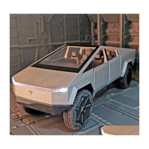 Diecast Model Arabalar 1 24 Tesla Cybertruck Pickup Alaşım Kamyon Diecasts Metal Oyuncak Kapalı Yol Araçları Ses ve Hafif Çocuk Hediyesi 2210 DHZSP