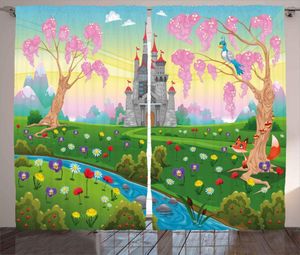Занавеса мультфильм занавески сказочный замок пейзаж в цветочном саду