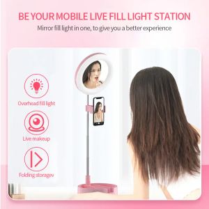 Ayna ve depolama LED telefon tutucu ile hafif lamba tripod ile katlanabilir selfie çubuk makyaj canlı akışı