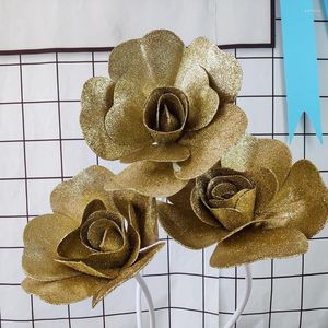 Flores decorativas Glitter Gold Powder PE Rose Flor Grande decoração artificial de casamentos Fundo de fundo Decoração de Natal