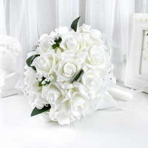 Flores decorativas segurando o buquê de casamento de dama de noiva artificial com rosa com fita de cetim de seda Mariage Bride Party Favor