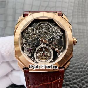 Новый 42 -миллиметровый Octo Finissimo Tourbillon 102719 Скелетный циферблат с розовым золотом автоматические мужские мужские часы Black Leather Sports Watch Watches High Qua228Z