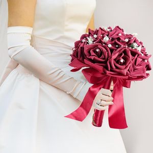 Dekoratif çiçekler gelin nedime düğün buket kurdele pe gül yapay tutma nişan romantik ev partisi dekorasyon sahte çiçek