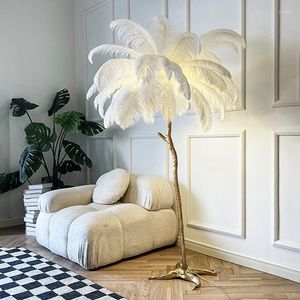 Nordic Ostrich Feather LED Floor Lamp, Resin Copper Standing Light for Living Room, Indoor Lighting, Bedroom Bedside Decor