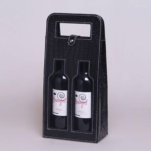 Hediye sargısı çift şarap şişesi paketleme boş kutular deri çırpı düğmesi görünür pencere şampanya içecekleri depolama viski brendi bira el çantası