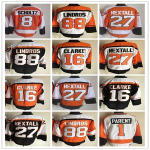 Erkekler ccm vintage hokey'nhl'''jerseys 88 Eric Lindros 16 Bobby Clarke 27 Ron Hextall 1 Bernie Ebeveyn 8 Dave Schultz Dikişli Retro Üniformalar Siyah Turuncu Beyaz Alternatif