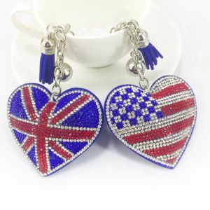 Portachiavi creativi con motivo a bandiera britannica e americana con strass pieni Ciondolo per borsa da donna Accessori per auto da viaggio Regalo