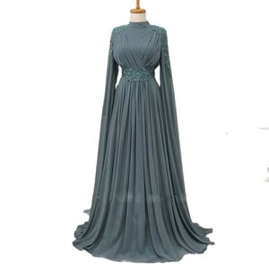 Vintage Women Muslim Evening Dresses with Cape Sleeve Bead A Line Chiffon Formal Gown Ruched High Neck Arabic Dubai Females Prom Dress