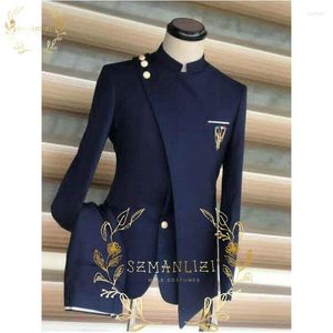 Ternos masculinos 2023 estilo africano gola alta masculino azul marinho smoking de noivo para traje de casamento padrinhos homem ajuste fino 2 peças calça blazer