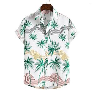 Camisetas masculinas de verão Hawaii Men Stripes/Tree impresso de manga curta colar de colarinho slim havaiano roupas de praia para roupas masculinas 2022