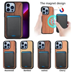 Magsafe Magnetic Case Cherry Walnut Bambouo Wood Grain Grain Снятый кожаный держатель кожи Shockper Cover для iPhone 14 13 12 11 Pro Max Mini XS XS 7 8 плюс 6S SE