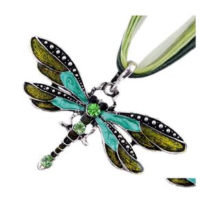 Подвесные ожерелья Dragonfly Collece Vintage ленточная шнур пуповит -фиолетовый красно -зеленый хрустальный бусин украшения для женщин девушки бросают подвески Dhu9j