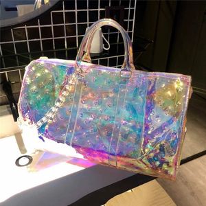 Transparent Embossed Sports Gym Bag, Large Capacity Travel Luggage, Colorful Laser Portable Bags