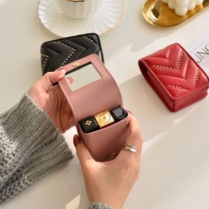 Tasarımcı deri ağız kırmızı cüzdan zarf moda yeni kompakt mini taşınabilir ayna makyaj tamir çantası