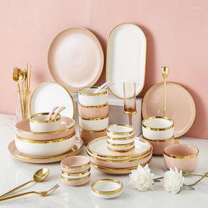Plates High Grade White And Pink With Gold Lnlay Steak Tray Ceramic Dinner Dish Salad Bowl Spoon Mug Porcelain Dinnerware