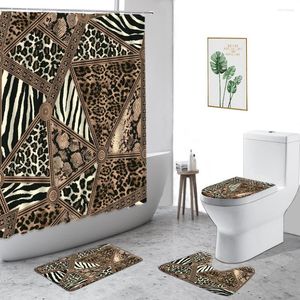 Duş perdeleri kahve rengi leopar baskı su geçirmez geometrik tasarım banyo 4pcs banyo mat tuvalet kapağı halı perde dekor