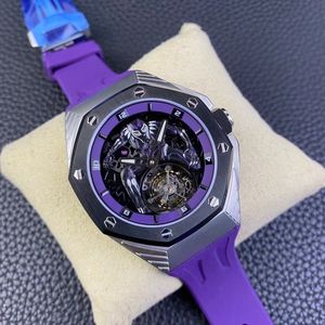 Ограниченная распродажа настоящие турбиллинские мужские спортивные часы Прохладный фиолетовый резиновый ремешок сапфировый стеклянный стеклянный набор 44 мм размер