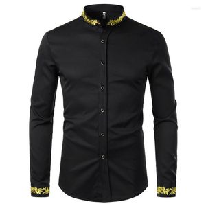Erkekler Sıradan Gömlek Siyah Altın Nakış Gömlek Erkekler Bahar Erkek Elbise Stand Yasak Düğmesi Up Kimya Homme Camisa Maskulina