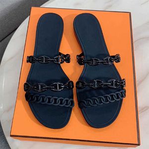 2022 Kadın Terlik Tasarımcı Sandalet Rivage Chaine d'Ancre kauçuk jöle Sandalet Slaytlar Düz Flip Flop Terlik Parti Düğün Ayakkabıları Ile Kutu NO18