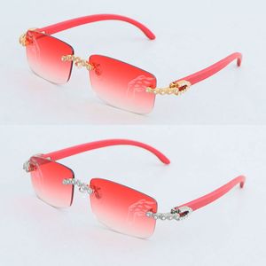 Luxuriöse Moissanit-Diamant-Randlose Sonnenbrille für Damen, originales rotes Holz-Männerobjektiv, abnehmbare Brille, große rote Holzbrille, Herrengröße 58–18–140 mm