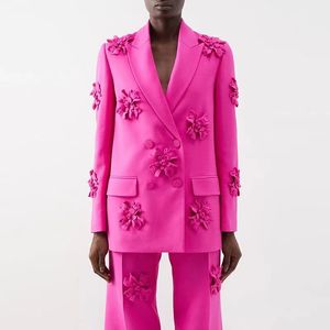 En yeni moda tasarımcı ceket kadın stereoskopik çiçek aplike çift göğüslü uzun blazer p
