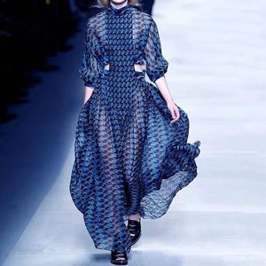 Abiti casual Fashion 2022 Designer Holiday Maxi Dress Manica lunga da donna Vita sexy Taglio sfilata Vestido