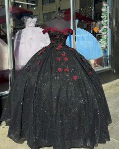 Pullar Quinceanera Siyah Elbiseler Dantel aplike Omuzdan Kılıç Özel Yapım Kelebekler Tatlı Prenses Pageant Balo Gown Vestidos