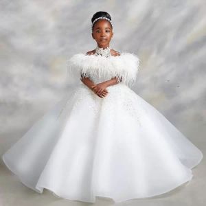 2023 Lüks Dantel Boncuklu Çiçek Kız Elbiseler Balo elbisesi şeffaf boyun kristalleri Organza Lilttle Çocuklar Doğum Günü Pageant Düğün Gowns