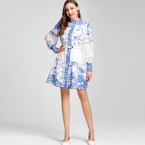 Women's Runway Dresses Stand Collar Long Sleeves Floral Printed Hollow Out Fashion Casual Short Dress Vestidos