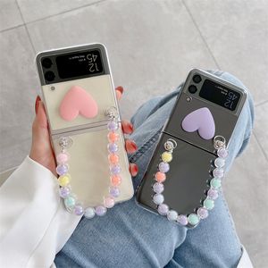 DIY Moda 3D Aşk Kalp Kılıfları Renkli Boncuklar El Zinciri Bilezik Samsung Galaxy Z Flip 4 3 Flip4 Flip3 5G için Şok geçirmez Kapak