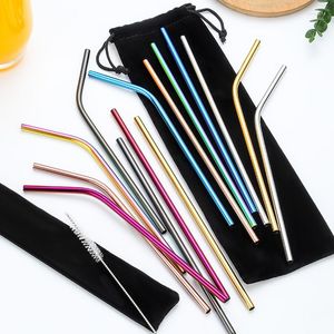 Drinking Straws Metal Reusable 304 Stainless Steel Straight Bent Straw With Case Cleaning Brush Set Party Wine Glass Decoration