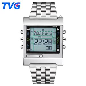 Новый прямоугольник TVG Дистанционное управление цифровым спортом The Alarch TV DVD Дистанционные мужчины и женские наручные часы с нержавеющей сталью258D