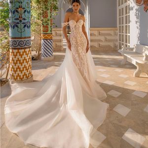 Mermaid Wedding Dresses Detachable Train 2023 Off Shoulder Lace Appliques Dress for Bridal 2 in 1 Wedding Gown