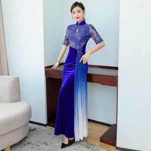 Etnik giysiler dantel mavi qipao kadife gece elbise içi boş desen taban uzunluğu balo elbisesi özel yapımı antik Çince uzun
