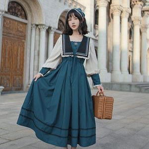 Sıradan Elbiseler Qweek Donanma Denizci Colalr Çiçek Nakış 2022 Bahar Zarif Piled Elbise Mori Kız Japon Lolita Sonbahar Kadınlar