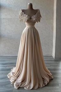 Şampanya Kapalı Omuz Gece Elbisesi Şifon Flowy Boncuklu Dantelli Yardımcı Balo elbisesi Vestidos de Mujer Elegantes para fiesta