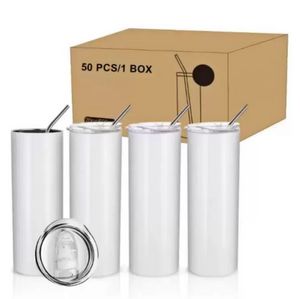 US STOCK DIY 20oz Sublimartion Straight tumblers with Steel Straw Rubber Bottoms Stainless Steel tumbler Coffee Mug Sublimation Blanks Water Bottle SS1101