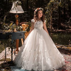 Sevimli Beyaz Küçük Kızlar Pageant Elbiseleri 3D Çiçek APLIPLARLARI TÜYÜNLÜ BALE KULLANIM Çiçek Kız Elbise Zemin Uzunluğu Tül Birinci Cemaat Önlükleri